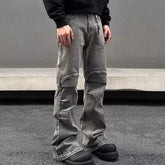 Threebooy Y2K Streetwear Vintage Grey Pleated Flare Jeans Pants For Men Designer Clothes Old Harajuku Luxury Goth Long Trousers